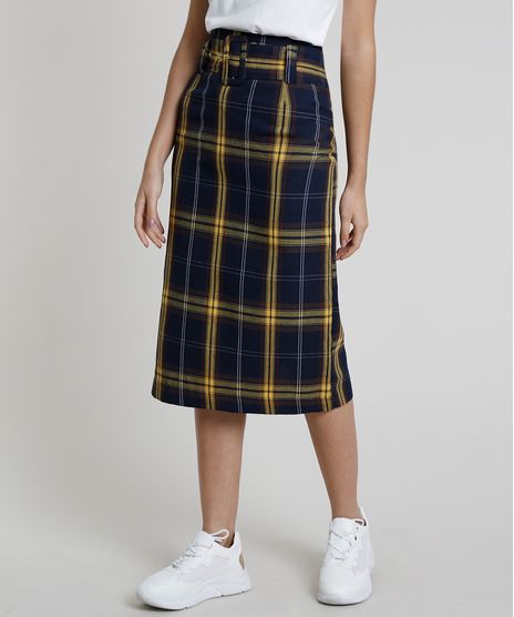 Saia-Feminina-Mindset-Midi-Estampada-Xadrez-com-Cinto-Azul-Marinho-9909658-Azul_Marinho_1