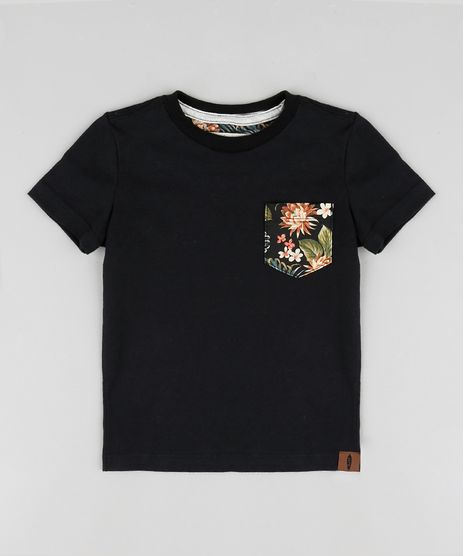 Camiseta-Infantil-com-Bolso-Estampado-de-Folhagem-Manga-Curta-Preto-9929964-Preto_1