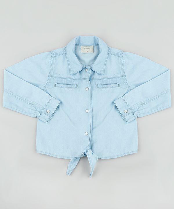 Camisa Jeans Infantil com Amarração Manga Longa Azul Claro 12