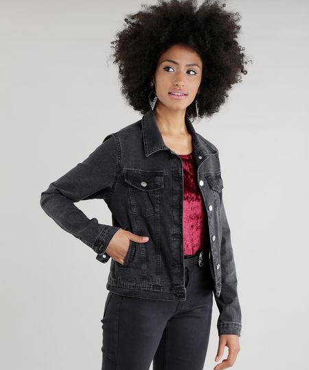 jaqueta preta jeans feminina