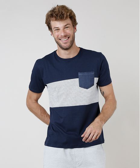 Camiseta-Masculina-com-Recorte-Listrado-e-Bolso-Manga-Curta-Gola-Careca-Azul-Marinho-9731141-Azul_Marinho_1