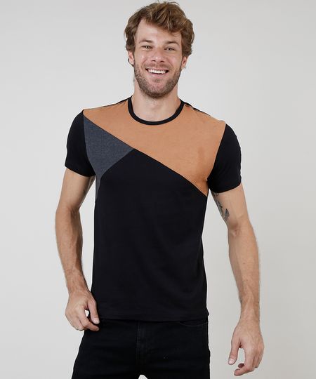 Camiseta-Masculina-Slim-com-Recorte-em-Suede-Manga-Curta-Gola-Careca-Preta-9899423-Preto_1