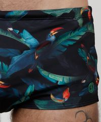 Sunga-Masculina-Tradicional-Estampada-de-Folhagem-com-Tucanos-Protecao-UV50---Preta-9896857-Preto_3