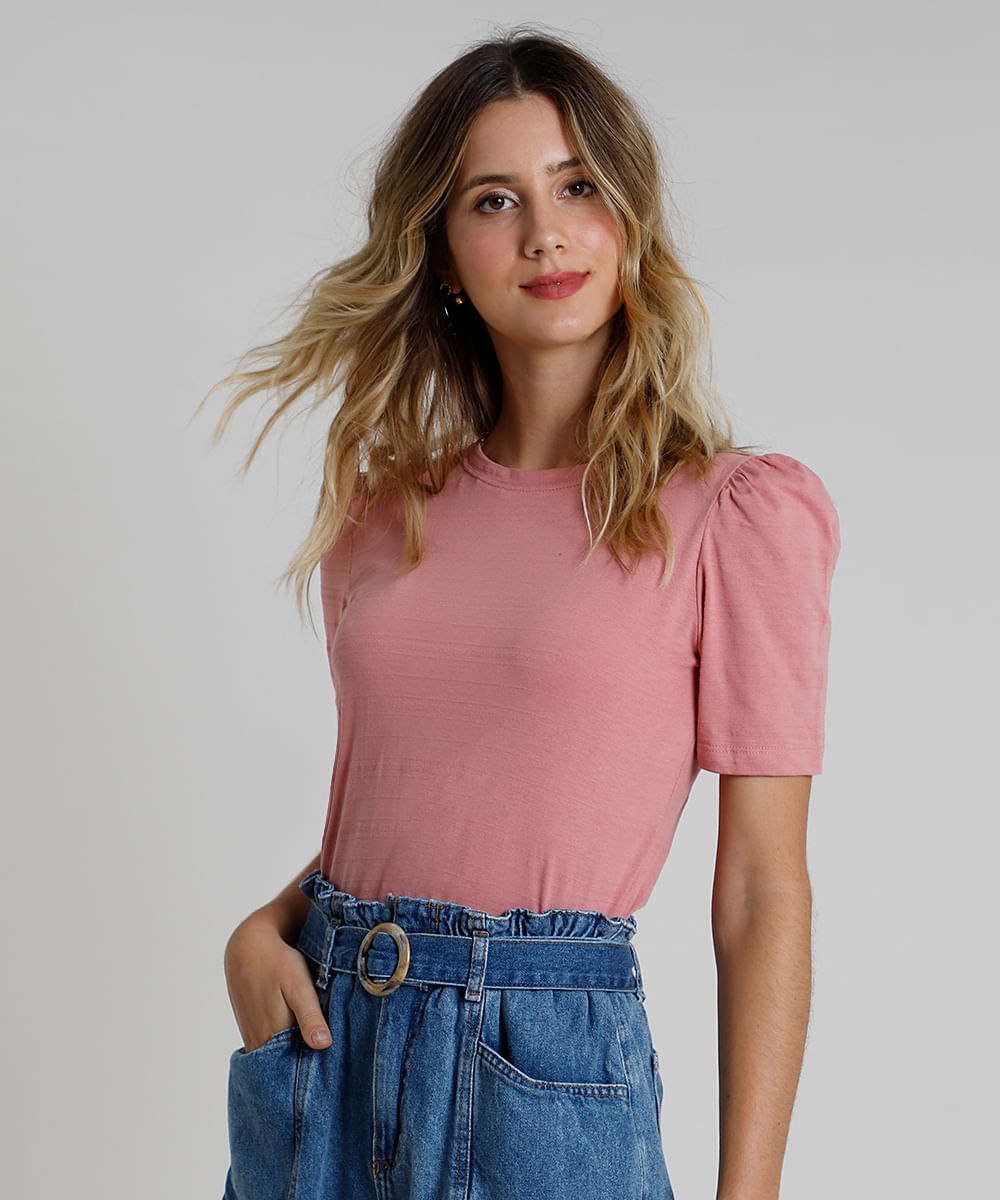 Blusa Feminina Basica Texturizada Manga Bufante Decote Redondo