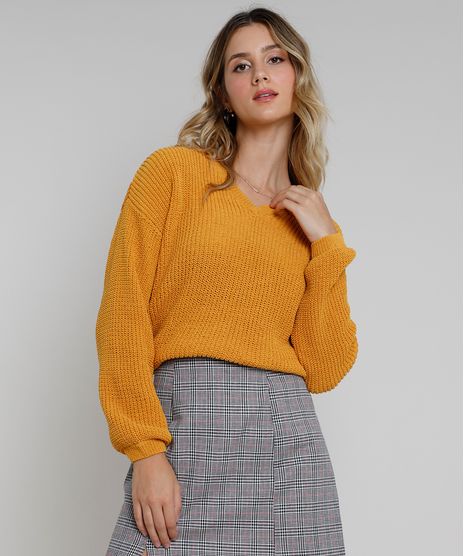 Sueter-Feminino-em-Trico-Chenille-Decote-V-Mostarda-9811695-Mostarda_1