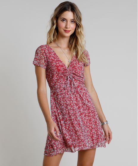 Vestido-Feminino-Curto-em-Tule-Estampado-Floral-com-Amarracao-Manga-Curta-Rosa-Escuro-9886767-Rosa_Escuro_1