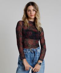 Blusa-Feminina-em-Tule-Estampada-Floral-Manga-Longa-Gola-Alta-Preto-9877234-Preto_1