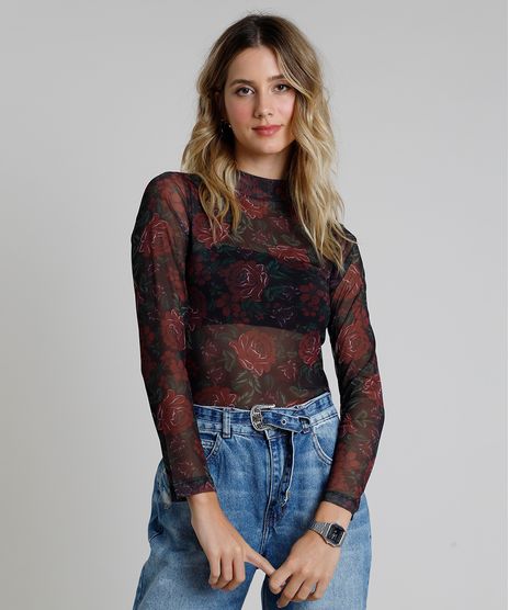 Blusa-Feminina-em-Tule-Estampada-Floral-Manga-Longa-Gola-Alta-Preto-9877234-Preto_1