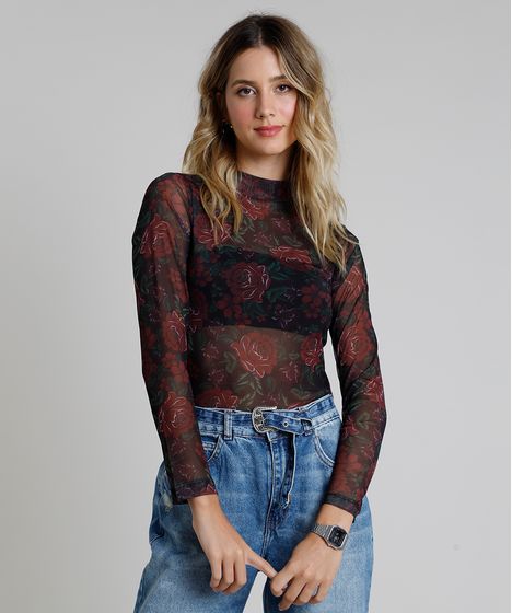 Blusa Feminina Em Tule Estampada Floral Manga Longa Gola Alta