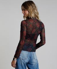 Blusa-Feminina-em-Tule-Estampada-Floral-Manga-Longa-Gola-Alta-Preto-9877234-Preto_2