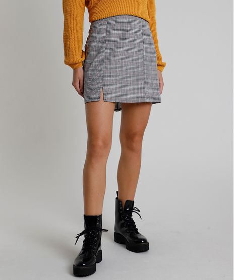 Saia-Feminina-Curta-Estampada-Xadrez-com-Fenda-Cinza-9857652-Cinza_1