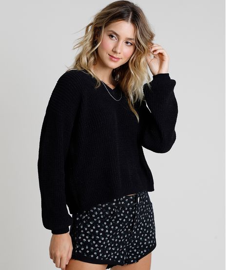 Sueter-Feminino-em-Trico-Chenille-Decote-V-Preto-9811695-Preto_1