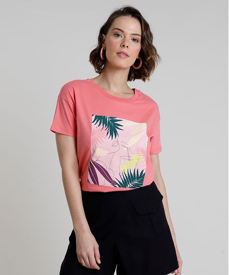 Blusa-Feminina-com-Estampa-Tropical-Manga-Curta-Decote-Redondo-Coral-9861763-Coral_1