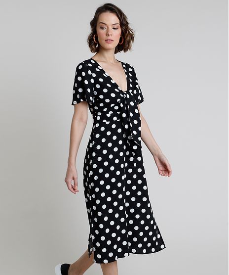 Vestido-Feminino-Midi-Estampado-de-Poa-com-No-Manga-Curta-Preto-9900106-Preto_1