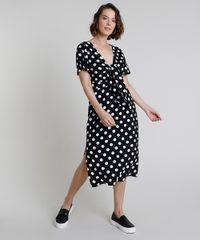 Vestido-Feminino-Midi-Estampado-de-Poa-com-No-Manga-Curta-Preto-9900106-Preto_3