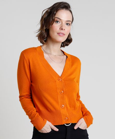 Cardigan-Feminino-Basico-em-Trico-com-Botoes--Laranja-9804665-Laranja_1