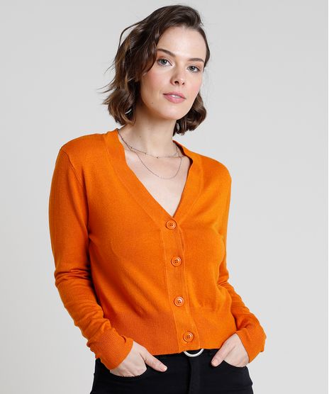 Cardigan-Feminino-Basico-em-Trico-com-Botoes--Laranja-9804665-Laranja_1