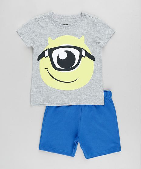 Conjunto-Infantil-Mike-Monstros-S-A--de-Camiseta-Manga-Curta-Cinza-Mescla---Bermuda-em-Moletom-Azul-9876585-Azul_1