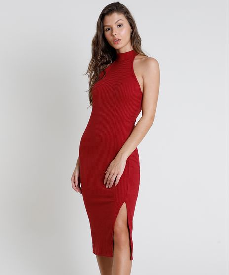 Vestido-Feminino-Midi-Halter-Neck-Canelado-com-Fenda-Gola-Alta-Vinho-9611887-Vinho_1