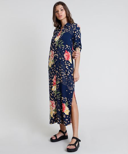 Vestido-Chemise-Midi-Estampado-Animal-Print-Onca-com-Flores-Manga-Curta-Azul-Marinho-9819270-Azul_Marinho_1