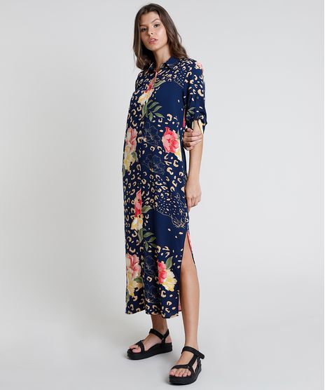 Vestido-Chemise-Midi-Estampado-Animal-Print-Onca-com-Flores-Manga-Curta-Azul-Marinho-9819270-Azul_Marinho_1