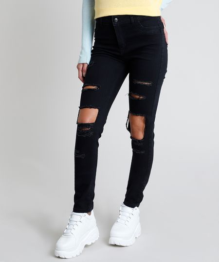 calça preta destroyed feminina
