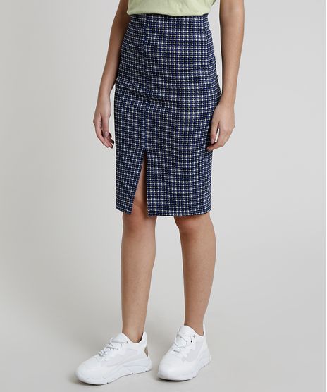 Saia-Feminina-Mindset-Curta-Estampada-Xadrez-com-Fenda--Azul-9943425-Azul_1