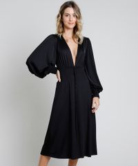 Vestido-Feminino-Mindset-Midi-com-Botoes-Manga-Bufante-Decote-Profundo-Preto-9942377-Preto_1
