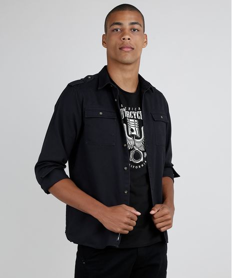 Camisa-de-Sarja-Masculina-com-Bolsos-Manga-Longa--Preto-9661595-Preto_1