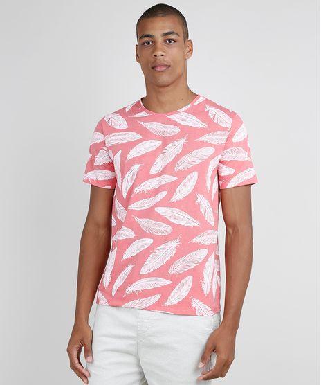 Camiseta-Masculina-Estampada-de-Penas-Manga-Curta-Gola-Careca-Coral-9738301-Coral_1
