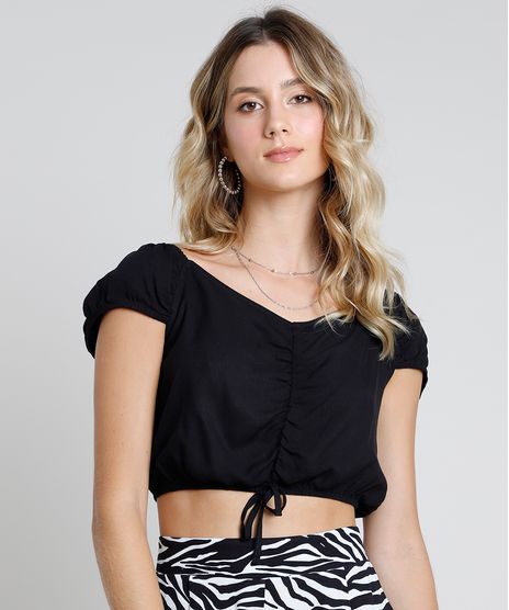 Blusa-Feminina-Cropped-com-Amarracao-Manga-Curta-Decote-V-Preta-9885494-Preto_1