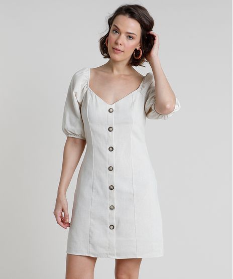 Vestido-Feminino-Curto-com-Linho-e-Botoes-Manga-Bufante-Bege-Claro-9891199-Bege_Claro_1