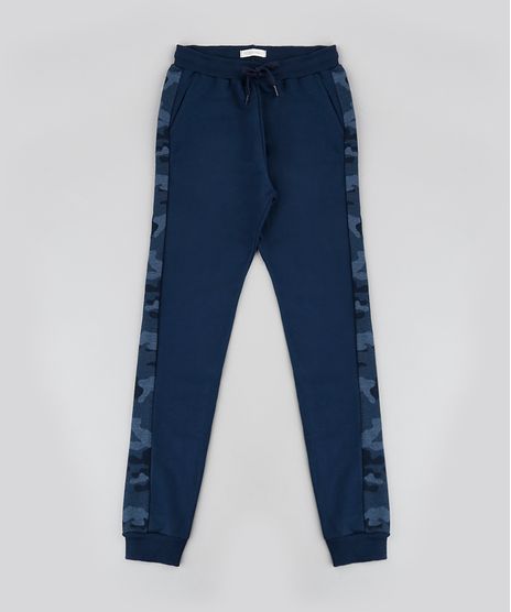Calca-Infantil-em-Moletom-com-Faixa-Lateral-Estampada-Camuflada-Azul-Marinho-9873841-Azul_Marinho_1