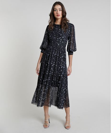 Vestido-Feminino-Mindset-Midi-em-Tule-Estampado-de-Petalas-Manga-3-4-Preto-9943428-Preto_1
