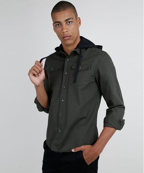 Camisa-de-Sarja-Masculina-com-Bolsos-Manga-Longa-com-Capuz-Verde-Militar-9661595-Verde_Militar_1
