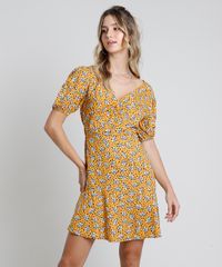 Vestido-Feminino-Curto-Estampado-Floral-com-Poa-Manga-Bufante-Mostarda-9906716-Mostarda_1