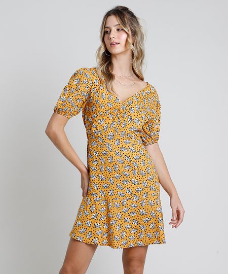 Vestido-Feminino-Curto-Estampado-Floral-com-Poa-Manga-Bufante-Mostarda-9906716-Mostarda_1