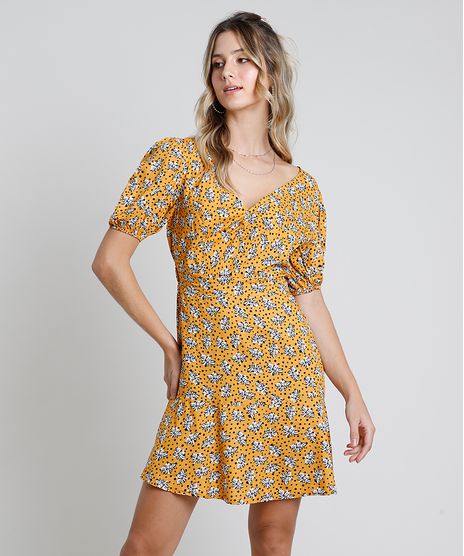 Vestido-Feminino-Curto-Estampado-Floral-com-Poa-Manga-Bufante-Mostarda-9906716-Mostarda_1