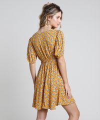 Vestido-Feminino-Curto-Estampado-Floral-com-Poa-Manga-Bufante-Mostarda-9906716-Mostarda_2