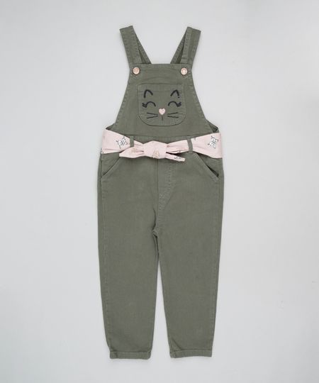 Macacao-de-Sarja-Infantil-com-Bordado-de-Gato-e-Faixa-para-Amarrar-Verde-Militar-9894184-Verde_Militar_1