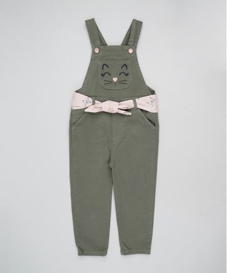 Macacao-de-Sarja-Infantil-com-Bordado-de-Gato-e-Faixa-para-Amarrar-Verde-Militar-9894184-Verde_Militar_1