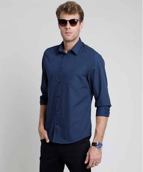 Camisa-Masculina-Comfort-Estampada-Mini-Print-de-Poa-com-Bolso-Manga-Longa--Azul-Marinho-9831775-Azul_Marinho_1