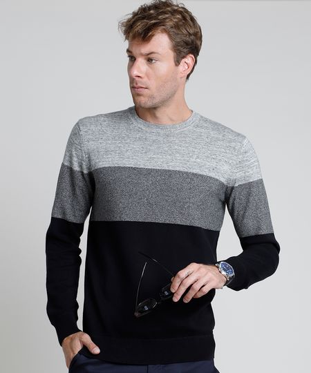 Sueter-Masculino-Slim-em-Trico-Listrado-Cinza-Mescla-9821907-Cinza_Mescla_1