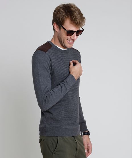 Sueter-Masculino-em-Trico-Texturizado-com-Recorte-em-Suede-Cinza-Mescla-Escuro-9825694-Cinza_Mescla_Escuro_1