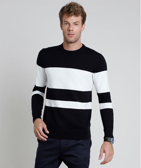 Sueter-Masculino-Slim-em-Trico-Listrado-Preto-9821907-Preto_1