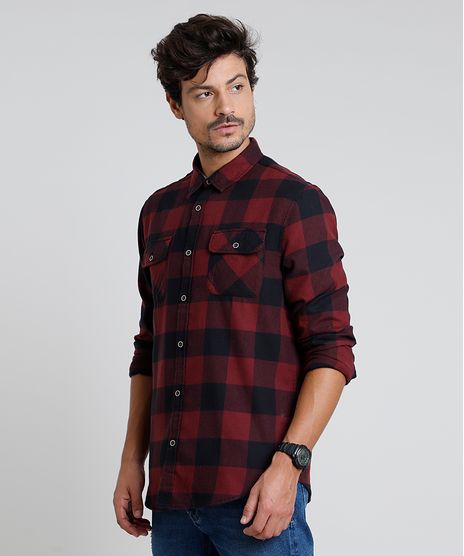 Camisa-Masculina-Tradicional-em-Flanela-Estampada-Xadrez-com-Bolsos-Manga-Longa-Vermelho-9813186-Vermelho_1