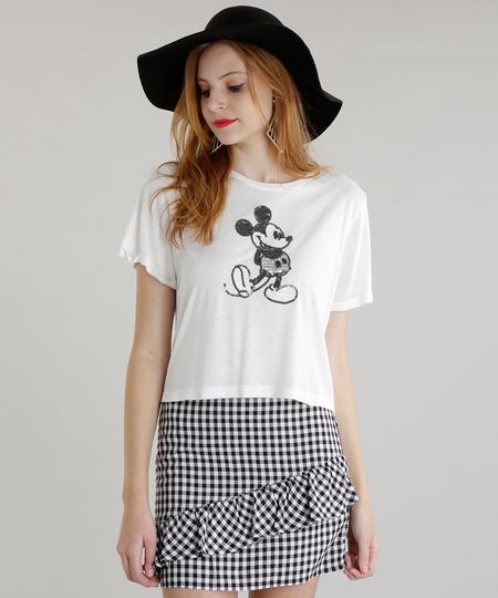 Blusa Cropped Mickey com Paetês Off White - ceaoutlet