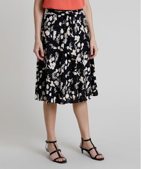 Saia-Feminina-Midi-Estampada-Floral-com-Amarracao--Preto-9857294-Preto_1