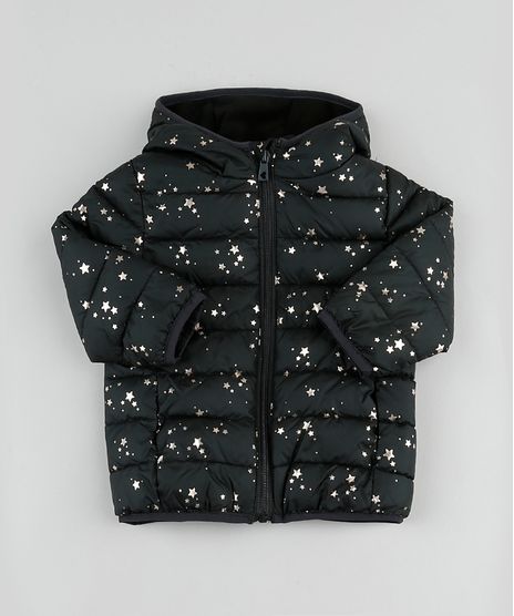 Jaqueta-Puffer-Infantil-Estampada-de-Estrelas-Metalizadas-em-Nylon-com-Capuz-e-Bolsos-Preta-9785085-Preto_1