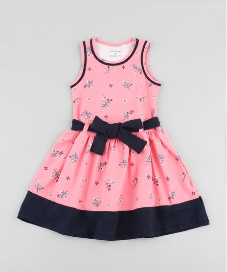 Vestido-Infantil-Estampado-Floral-com-Faixa-para-Amarrar-Sem-Manga-Rosa-9916421-Rosa_1